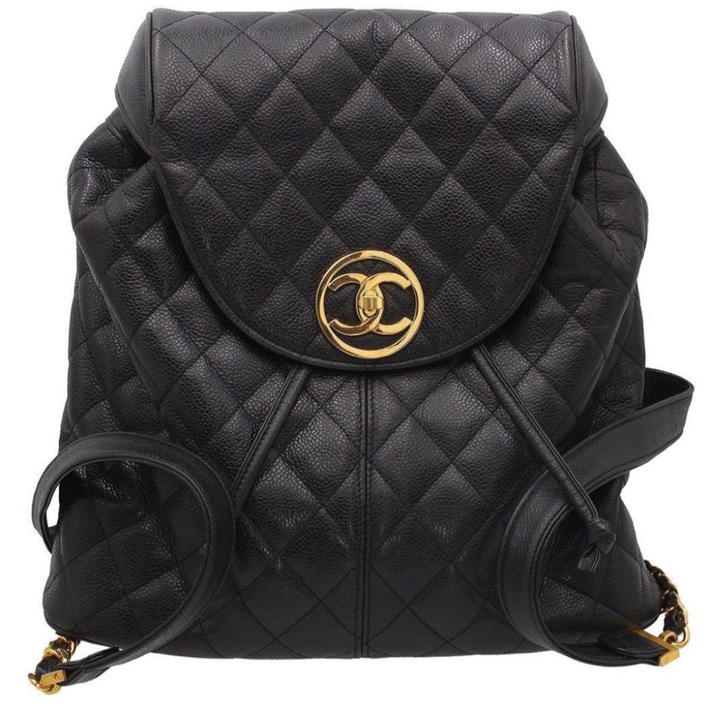 CHANEL Vintage Quilted Black Backpack with Gold Accents 24K Gold Plated Hardware